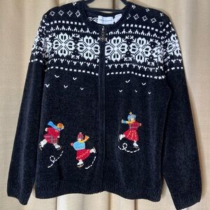 Alfred Dunner fair isle ice skaters Black and White Zip-Up Sweater Large